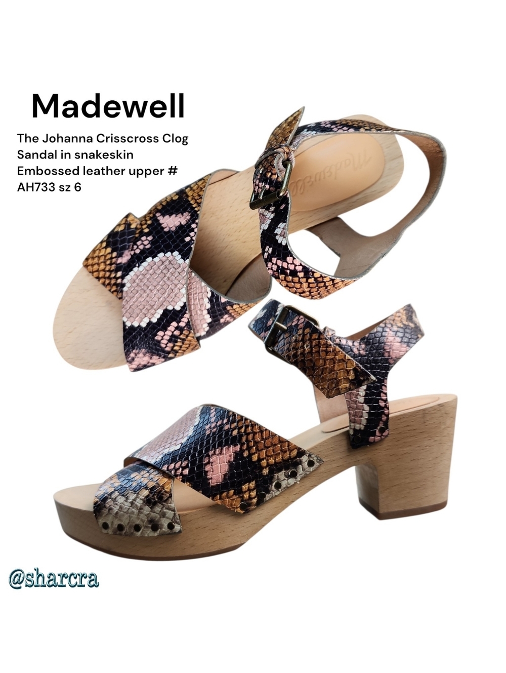 Madewell women's Johanna Crisscross Clog Sandal Snakeskin Leather # AH733 Sz 6